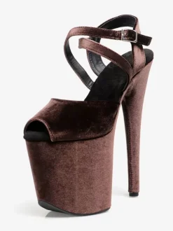 Sandales sexy à talons hauts avec tige en micro-daim marron foncé et bout ouvert boucle de 39 pouces chaussures sexy de 79 pouces