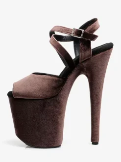 Sandales sexy à talons hauts avec tige en micro-daim marron foncé et bout ouvert boucle de 39 pouces chaussures sexy de 79 pouces