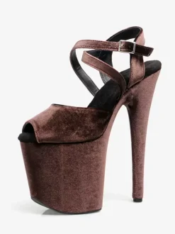 Sandales sexy à talons hauts avec tige en micro-daim marron foncé et bout ouvert boucle de 39 pouces chaussures sexy de 79 pouces