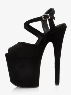 Sandales sexy à talons hauts avec tige en micro-daim marron foncé et bout ouvert boucle de 39 pouces chaussures sexy de 79 pouces