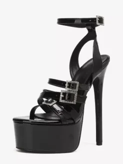 Sandales sexy à talons hauts en cuir PU noir bout ouvert strass 6 cm talons de 6 cm.