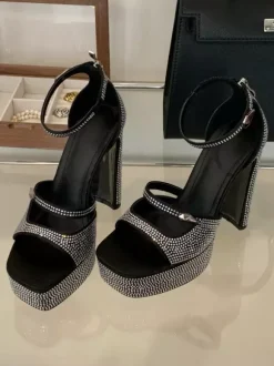 Sandales sexy à talons hauts et plateformes noires à bout carré avec strass et talons épais
