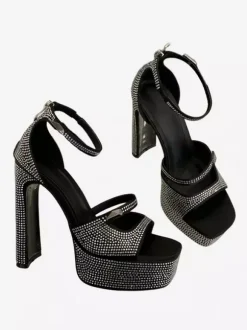 Sandales sexy à talons hauts et plateformes noires à bout carré avec strass et talons épais