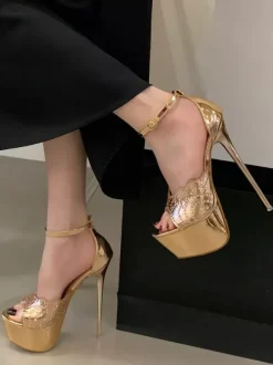 Sandales sexy dorées pour femmes à plateforme bout ouvert et bride cheville