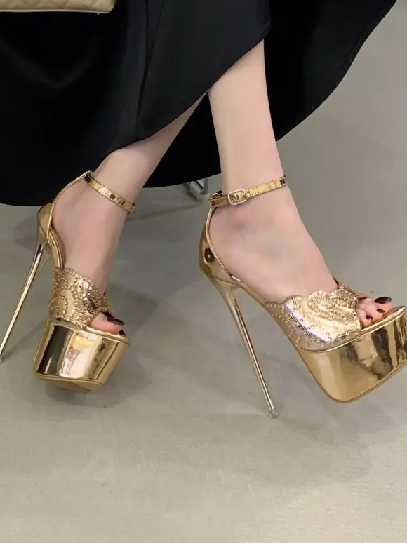 Sandales sexy dorées pour femmes à plateforme bout ouvert et bride cheville