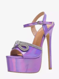 Sandales sexy métallisées à plateforme bout ouvert détail n艙ud et boucle