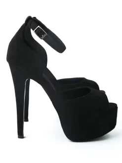 Sandales sexy noires en daim à bout ouvert et bride à la cheville pour femmes