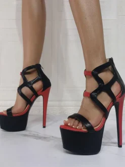Sandales sexy noires femmes plate-forme bout ouvert à lanières talon aiguille sandales chaussures