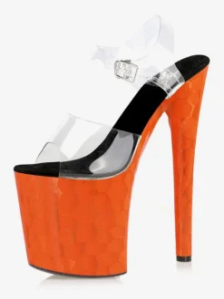 Sandales sexy pour femme Oragnge rouge PVC haut bout ouvert talon aiguille bride à la cheville talons