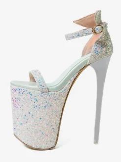 Sandales Sexy pour femme rose en tissu à paillettes bout ouvert talon aiguille paillettes bride à la cheville talons