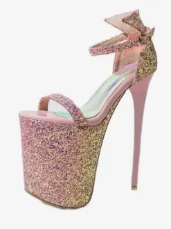 Sandales Sexy pour femme rose en tissu à paillettes bout ouvert talon aiguille paillettes bride à la cheville talons