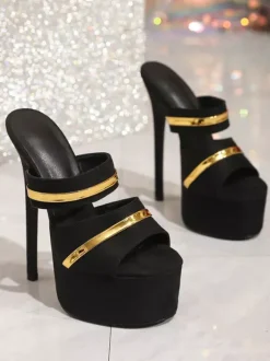 Sandales sexy pour femmes plateforme en micro-daim noir bout ouvert pantoufles sexy