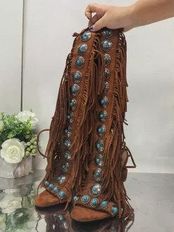 Sandales style gladiateur bohème pour femmes bout ouvert en daim perles talons hauts avec pompons