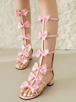 Sandales Sweet Lolita avec n艙uds et bout rond en cuir PU chaussures d'été blanches Lolita