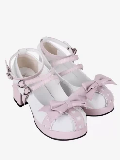 Sandales Sweet Lolita avec n艙uds à bout rond en cuir PU chaussures d'été blanches Lolita