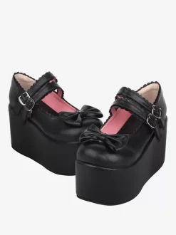 Sandales Sweet Lolita avec n艙uds noirs et bout rond en cuir PU chaussures d'été Lolita