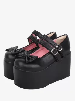 Sandales Sweet Lolita avec n艙uds noirs et bout rond en cuir PU chaussures d'été Lolita