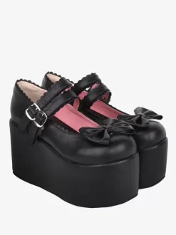 Sandales Sweet Lolita avec n艙uds noirs et bout rond en cuir PU chaussures d'été Lolita