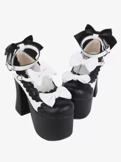 Sandales Sweet Lolita avec n艙uds à bout rond en cuir PU chaussures d'été noires Lolita