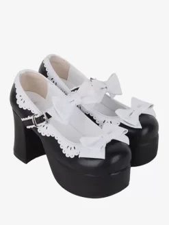 Sandales Sweet Lolita avec n艙uds à bout rond en cuir PU chaussures d'été noires Lolita