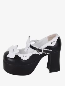 Sandales Sweet Lolita avec n艙uds à bout rond en cuir PU chaussures d'été noires Lolita