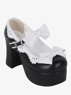 Sandales Sweet Lolita avec n艙uds à bout rond en cuir PU chaussures d'été noires Lolita