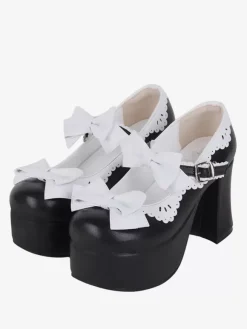 Sandales Sweet Lolita avec n艙uds à bout rond en cuir PU chaussures d'été noires Lolita