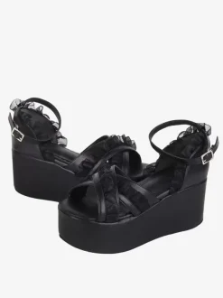 Sandales Sweet Lolita en dentelle et bout ouvert en cuir PU chaussures d'été noires Lolita