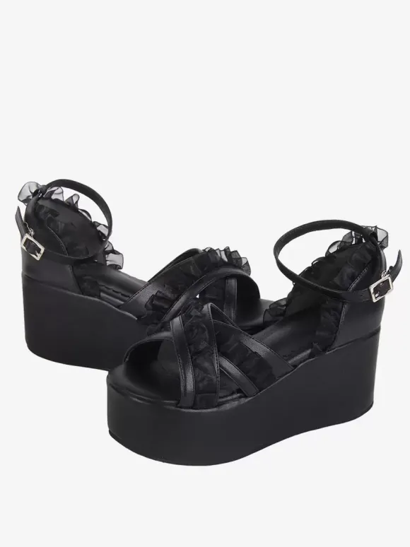 Sandales Sweet Lolita en dentelle et bout ouvert en cuir PU chaussures d'été noires Lolita