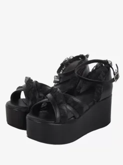 Sandales Sweet Lolita en dentelle et bout ouvert en cuir PU chaussures d'été noires Lolita