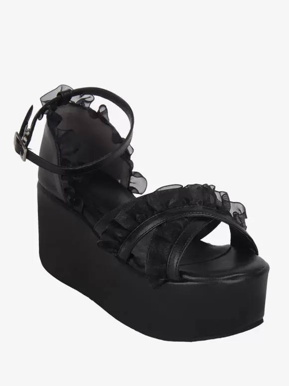 Sandales Sweet Lolita en dentelle et bout ouvert en cuir PU chaussures d'été noires Lolita