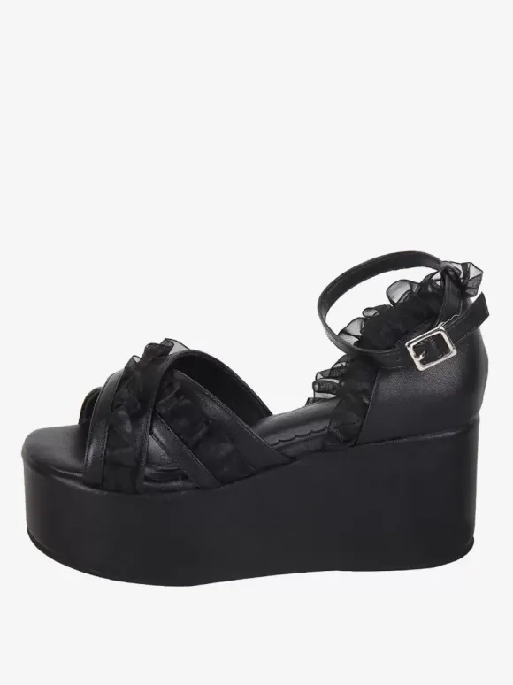 Sandales Sweet Lolita en dentelle et bout ouvert en cuir PU chaussures d'été noires Lolita
