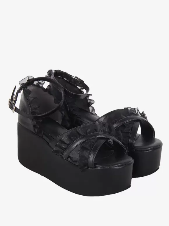 Sandales Sweet Lolita en dentelle et bout ouvert en cuir PU chaussures d'été noires Lolita