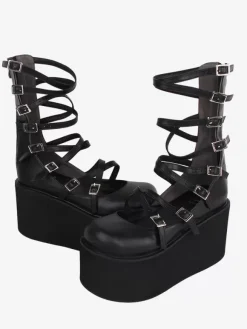Sandales Sweet Lolita noires à lacets en cuir PU chaussures d'été Lolita à bout rond
