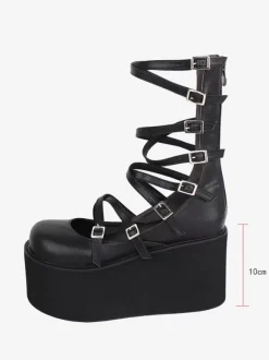 Sandales Sweet Lolita noires à lacets en cuir PU chaussures d'été Lolita à bout rond