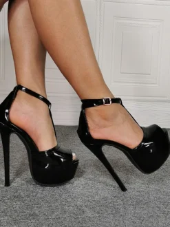 Sandales Talons Hautes Sexy avec Plateforme Femmes à Lacets à Cuir Synthétique Vernis Unicolore avec Bout Ouvert avec Boucles Etés Talons Hautes Aiguilles Sexy