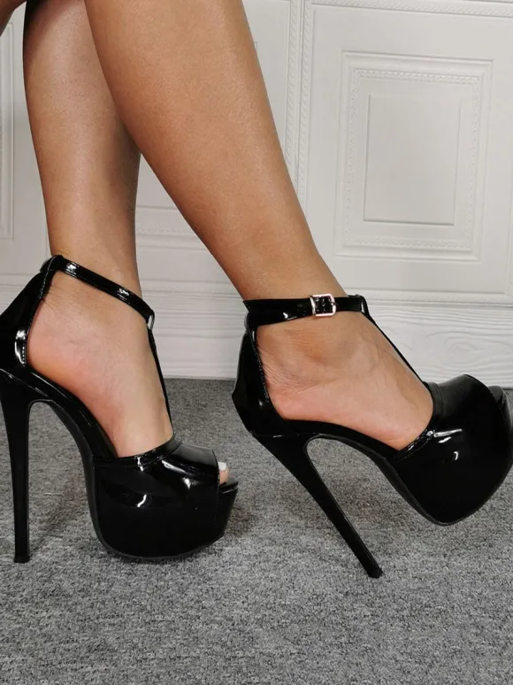 Sandales Talons Hautes Sexy avec Plateforme Femmes à Lacets à Cuir Synthétique Vernis Unicolore avec Bout Ouvert avec Boucles Etés Talons Hautes Aiguilles Sexy