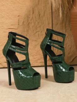 Sandales vertes sexy à plateforme bout ouvert motif pierre talons hauts
