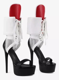 Sandales blanches à talons hauts pour femmes plateforme bout ouvert découpes lacets