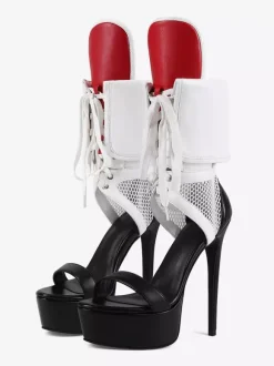 Sandales blanches à talons hauts pour femmes plateforme bout ouvert découpes lacets