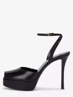 Sandales compensées noires pour femmes bout ouvert bride cheville chaussures de soirée
