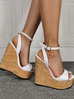 Sandales compensées sexy pour femmes  sandales compensées à bride de cheville et plateforme à bride arrière blanches