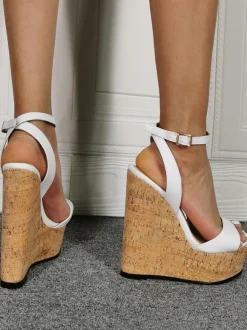 Sandales compensées sexy pour femmes  sandales compensées à bride de cheville et plateforme à bride arrière blanches