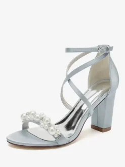 Sandales De Mariée En Satin Blanc Chic Bout Ouvert Perle Femme