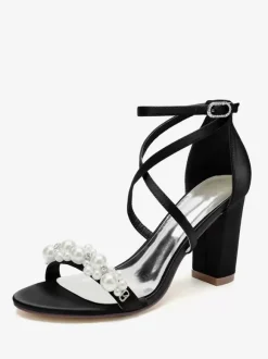 Sandales De Mariée En Satin Blanc Chic Bout Ouvert Perle Femme