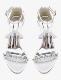 Sandales de mariée en satin blanc sexy à bout ouvert avec strass