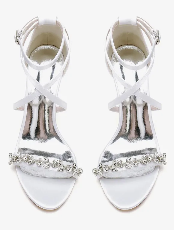 Sandales de mariée en satin blanc sexy à bout ouvert avec strass