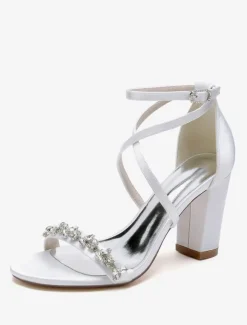 Sandales de mariée en satin blanc sexy à bout ouvert avec strass
