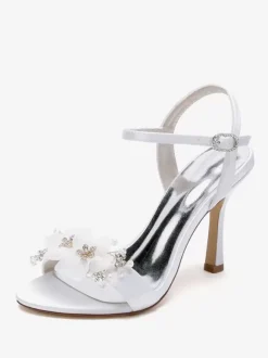 Sandales De Mariée En Satin Blanc Bout Ouvert Fleur Chaussures De Mariage