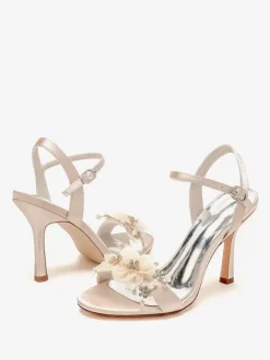 Sandales De Mariée En Satin Blanc Bout Ouvert Fleur Chaussures De Mariage